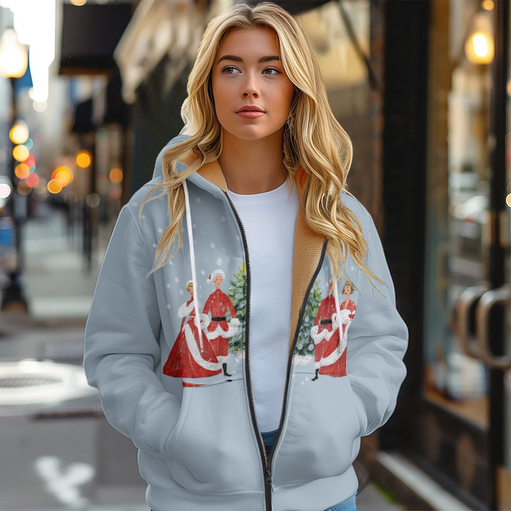 Women's Thick Hooded Jacket Sweatshirt, Christmas Printed Simple Pocket Zipper Coat for Winter and Autumn, Outdoor Warmth