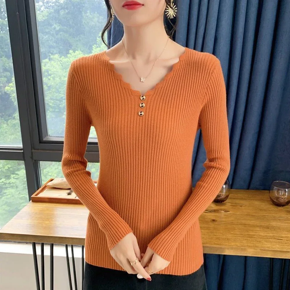 Button V Neck T Shirt Pullover Sweater Women S-2XL Black White Orange Yellow Apricot Color Knit Full Sleeve Jumper Soft Warm Top