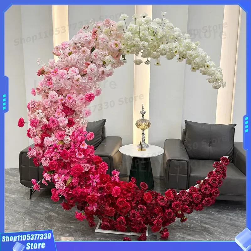 Crescent Moon Silk Flower Arch Wedding Stage Decoration Background Prop Party Scene Arrangement Stand Floral Display for