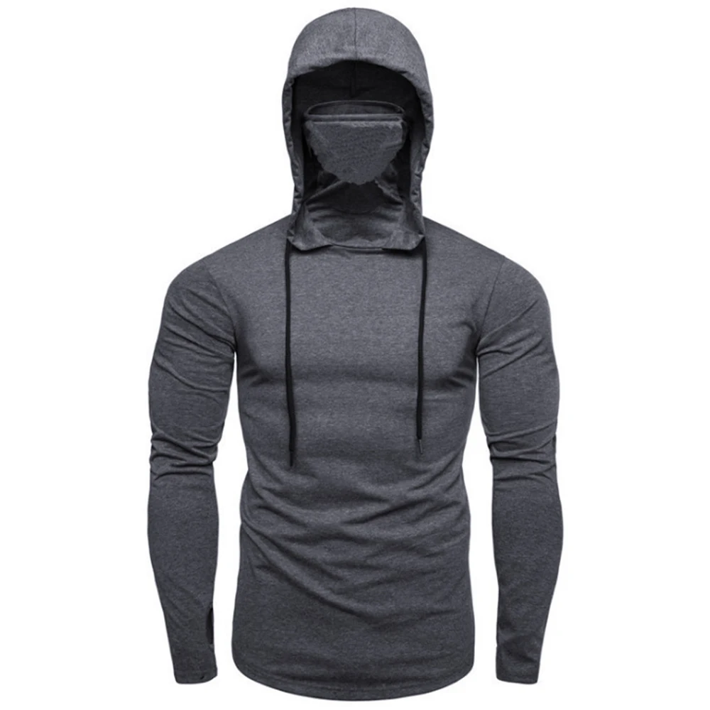 Men Hoodie t-Shirt Long Sleeve High Neck Sportswear Windproof Mask Running Training Fitness Rashguard Gym Cloth Muscle Crossfit