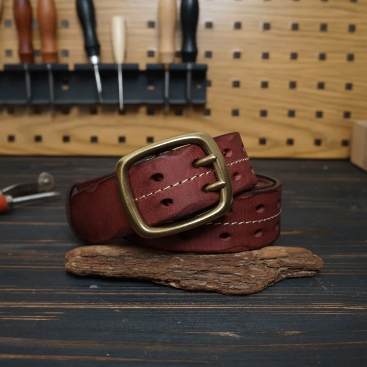 Мужской винтажный ремень из натуральной яловой кожи с перфорированной пряжкой из чистой меди, полый ремень первого слоя из натуральной кожи, сшитый вручную