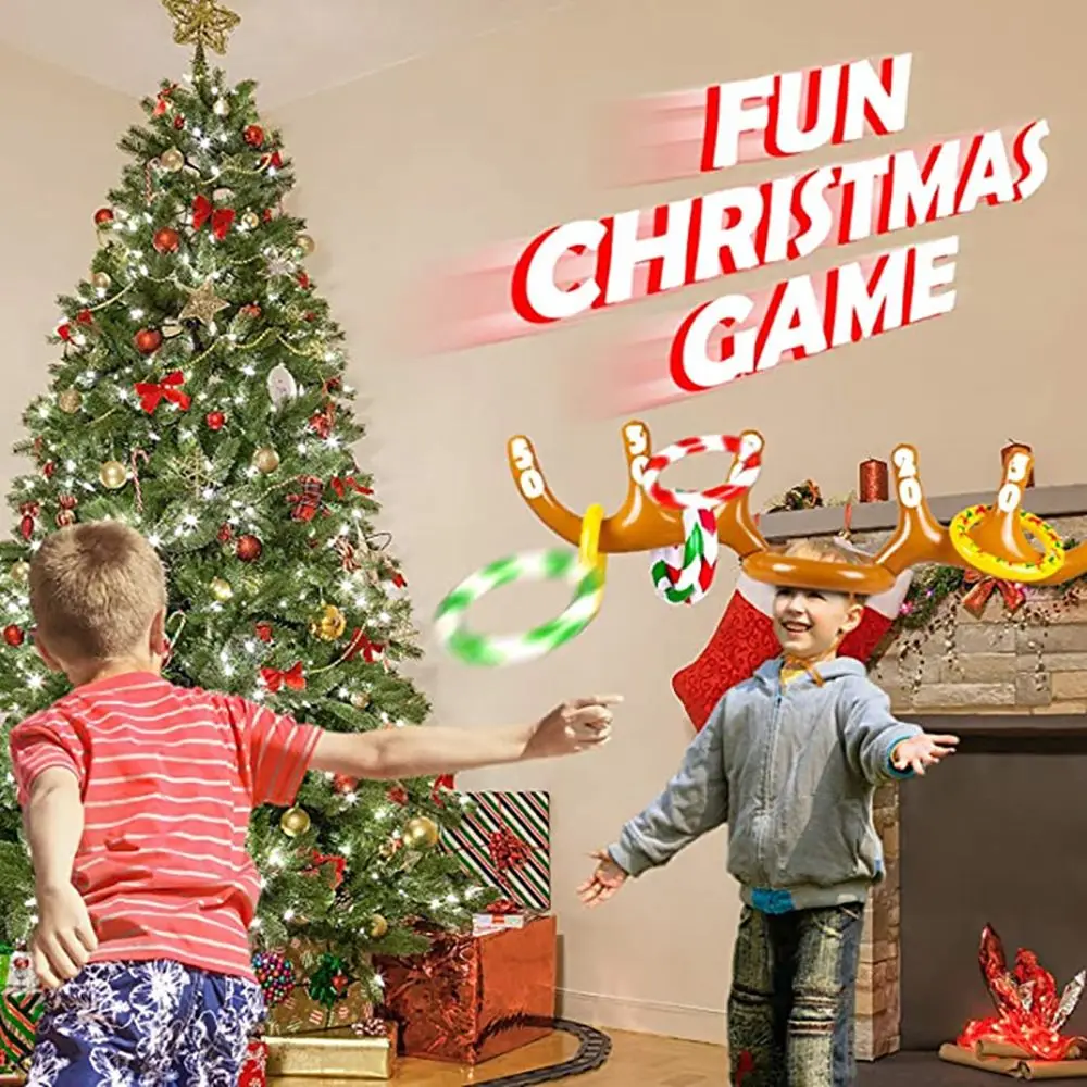 DIY Xmas Kids Gift Christmas Game Home Ornament Ring Toss Inflatable Toys Santa Funny Reindeer Antler Hat