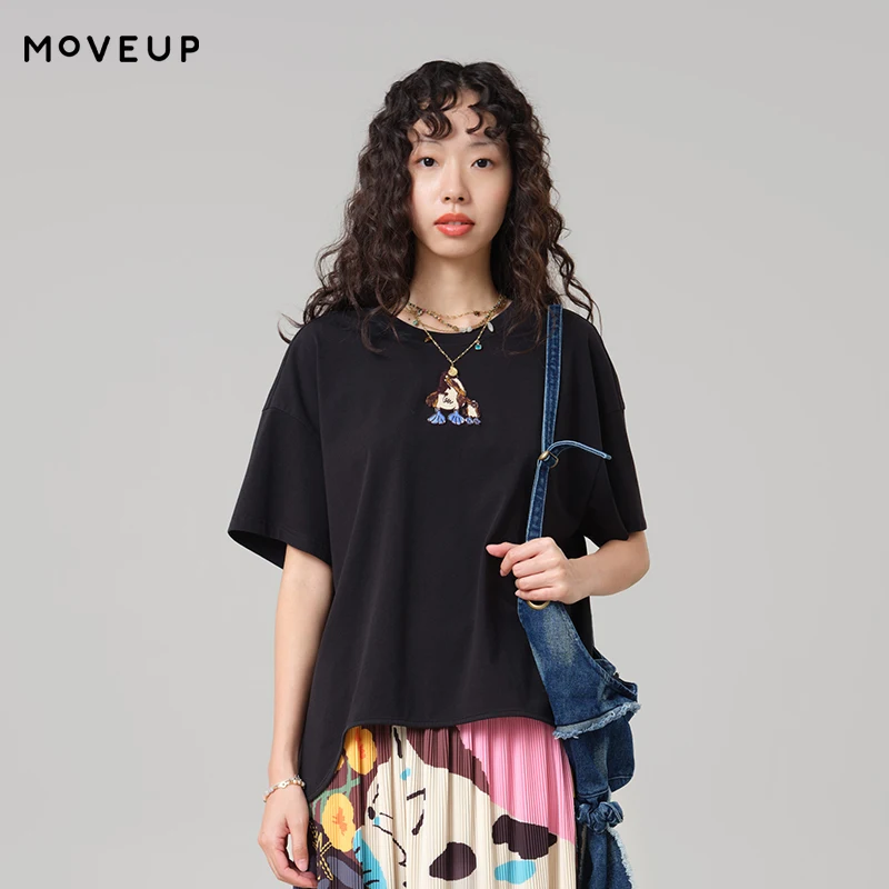 

MOVEUP Casual Short Sleeved T-Shirt 2026 Summer New Bird Embroidery Irregular Hem Minimalist Commuter Top For Women 3ELX10594