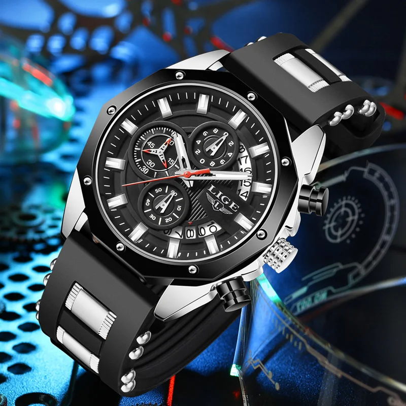 LIGE Top Brand Men\'s Watches Luxury Sports Silicone Quartz Wristwatch Waterproof Luminous Chronograph Watch for Men Date Clock