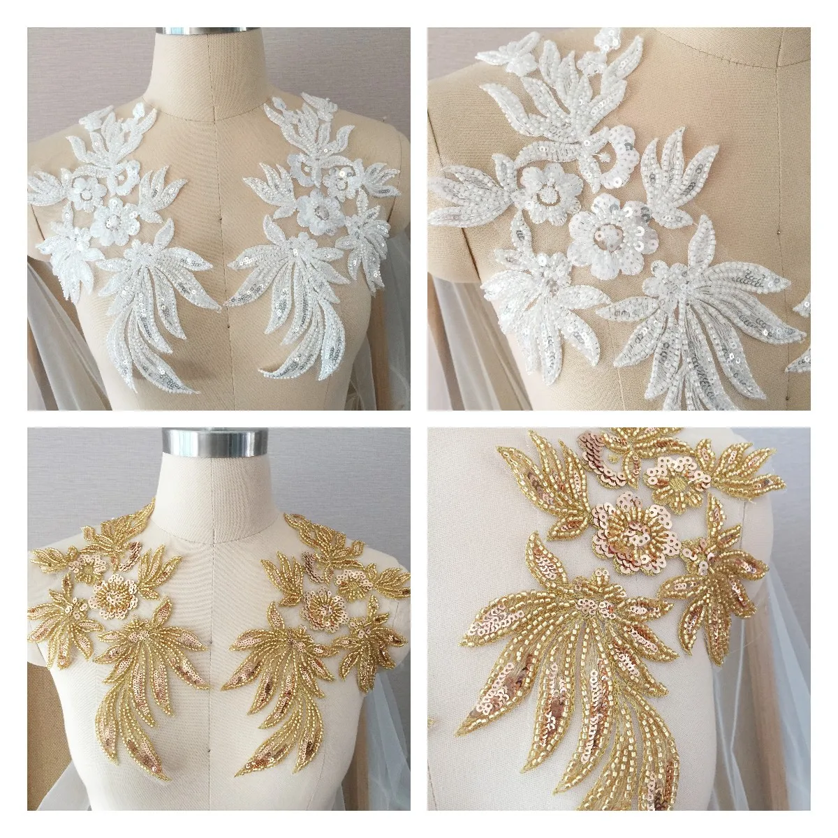 

Gold Pair Flower Delicate 3D Beaded Lace Pair Flower Applique Medallions For Wedding Dress Accessories