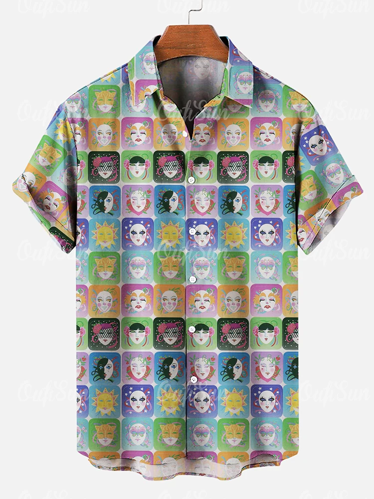 Horror Face Shirt For Men Mask Plaid Pattern Short Sleeved Shirt Top Summer Casual Tees Oversized Blouse Hawaiian Men\'s Clothing