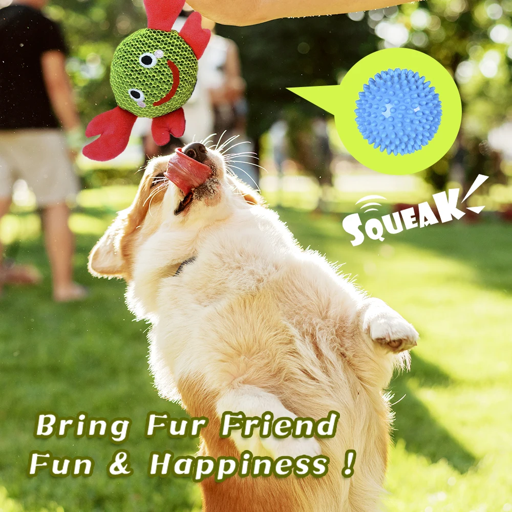 Interaktives 2-in-1-Hundespielzeug in Krabbenmonsterform, quietschendes Kauspielzeug mit springendem, stacheligem Ball, Plüschtier für Haustiere