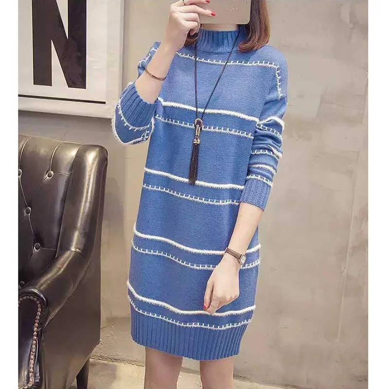 Fashion Knitted Spliced Loose Striped Casual Dresses Female Clothing 2023 Autumn New Long Sleeve Mini Dress