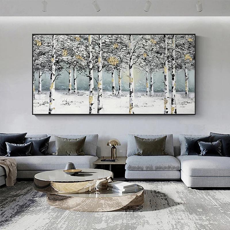 Impressionist Landscape Oil Painting, Gold Foil Snow Birch Forest Palette Knife Wide Canvas Nordic Wall Art