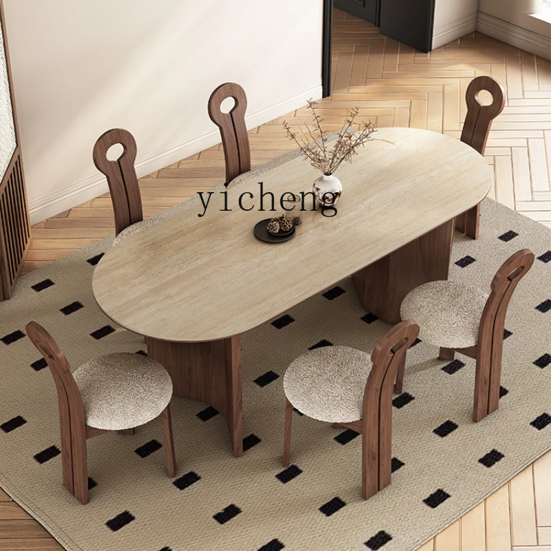 

ZC Cave Stone Stone Plate Dining Table Vintage Solid Wood Antique Style Ash Oval Designer Dining Table and Chair