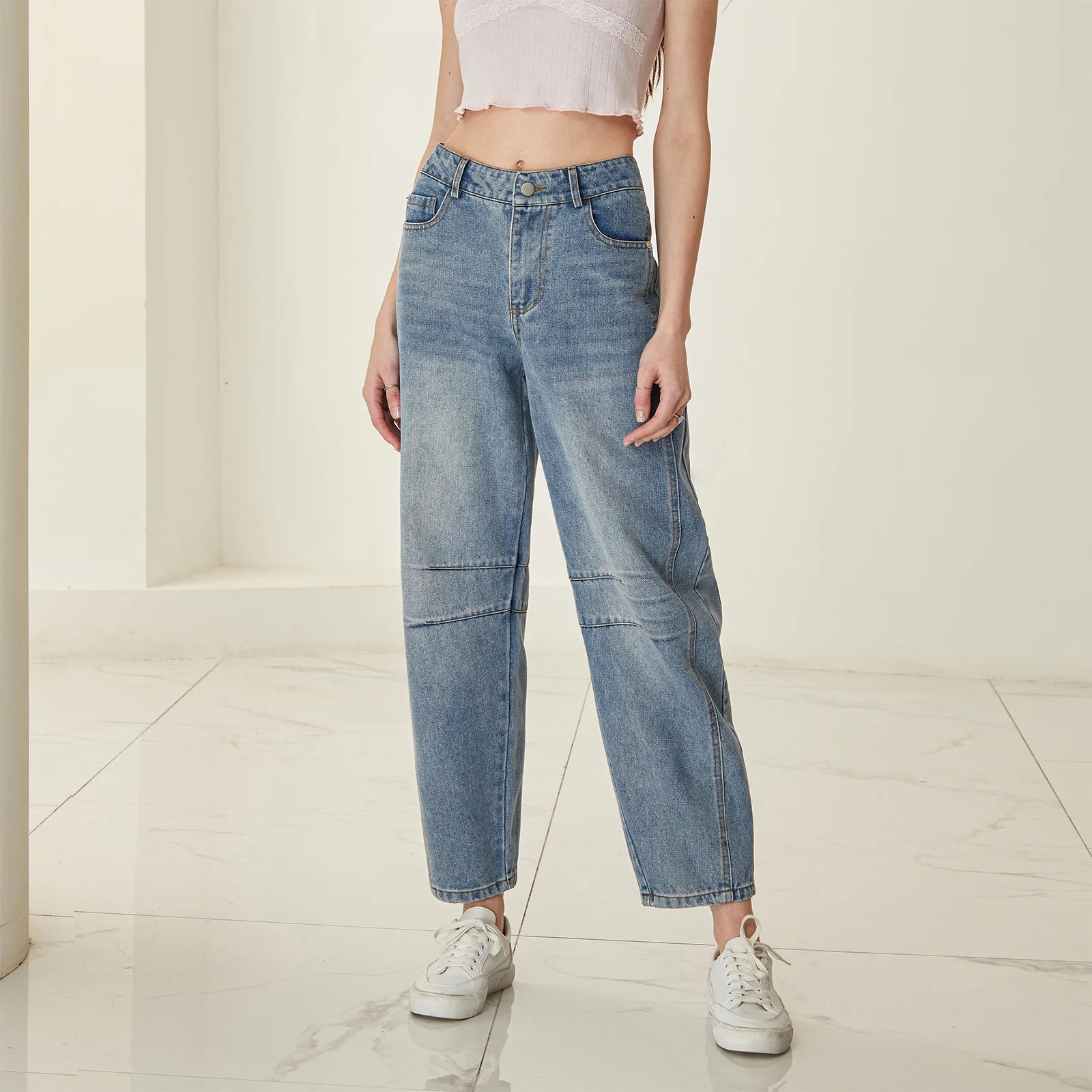 Damen Baggy Mid Rise Jeans Weites Bein Lose Boyfriend Denim Harem Cropped Pants Y2k Baggy Vintage Barrel Jeans