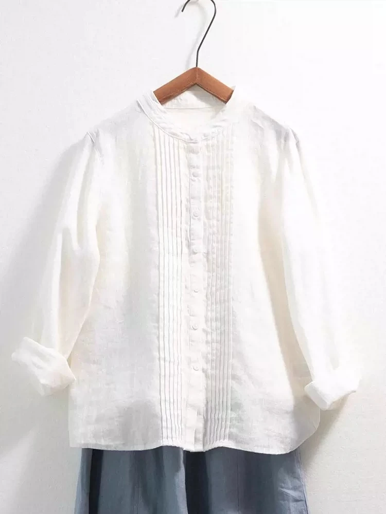 100-108cm Bust Spring Summer Women All-match Loose Comfortable Natural Fabric Water Washed Thin 14*14 Linen Shirts/Blouses