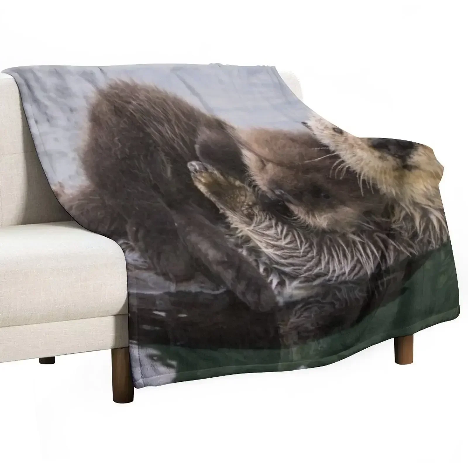 Sea Otter in water swimming with baby Throw Blanket for sofa Decorative Throw Blankets