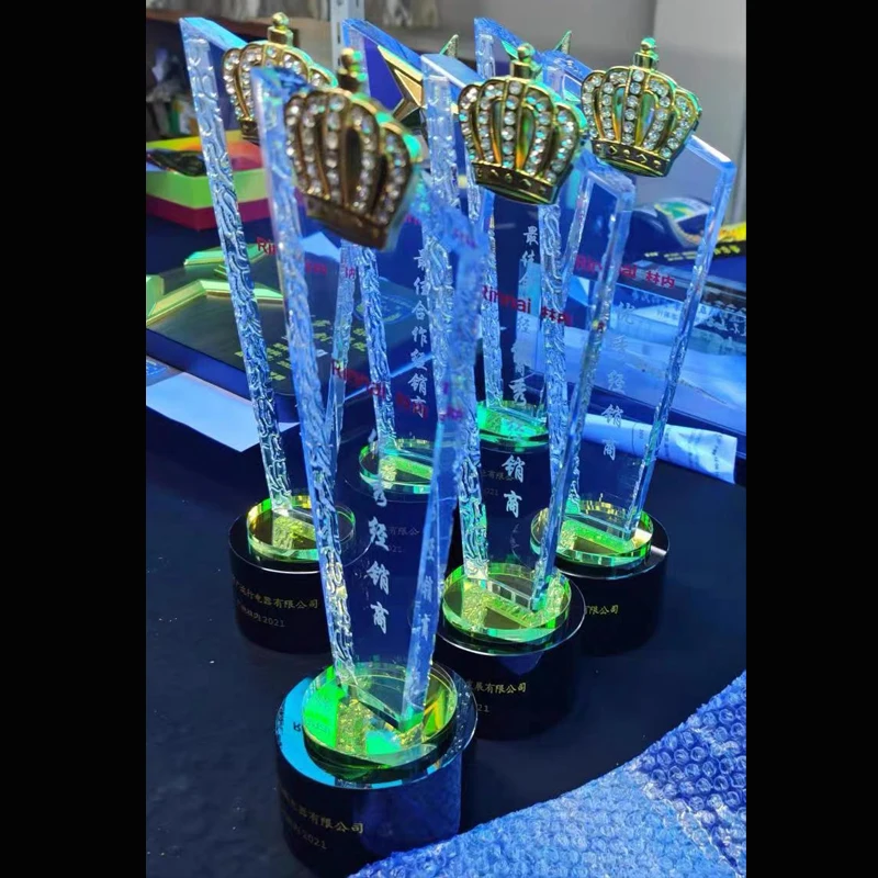 Customized High Grade Crystal Trophy, Metal Crown, Eagle, Pentagram, Gold, Silver, Copper, Award Souvenir Blade Shape Medal, 1Pc