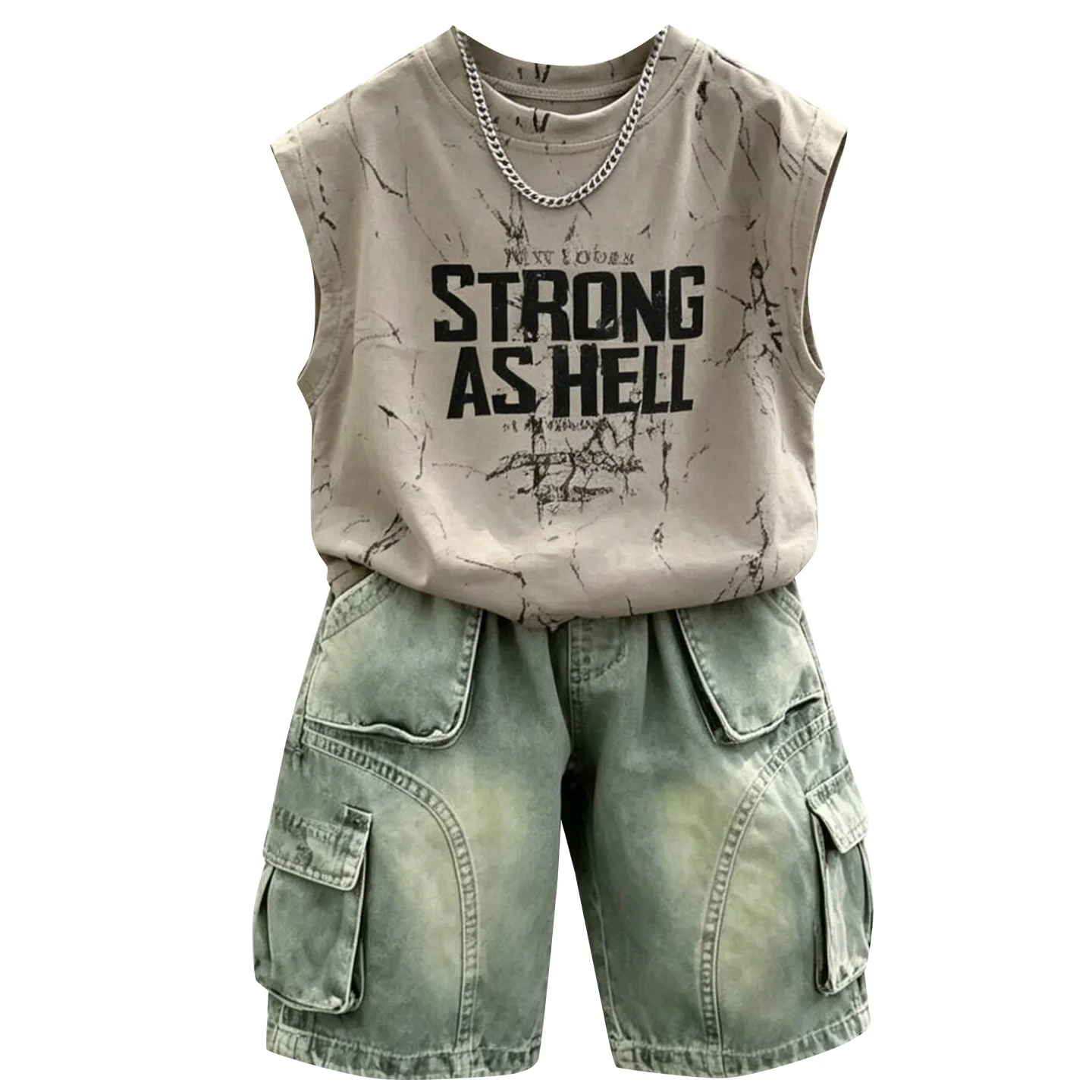 Trendy Baby Boys Casual Summer Outfit, Graffiti Sleeveless Tank Top & Loose Denim Cargo Shorts Fashion Street Style Clothing Set