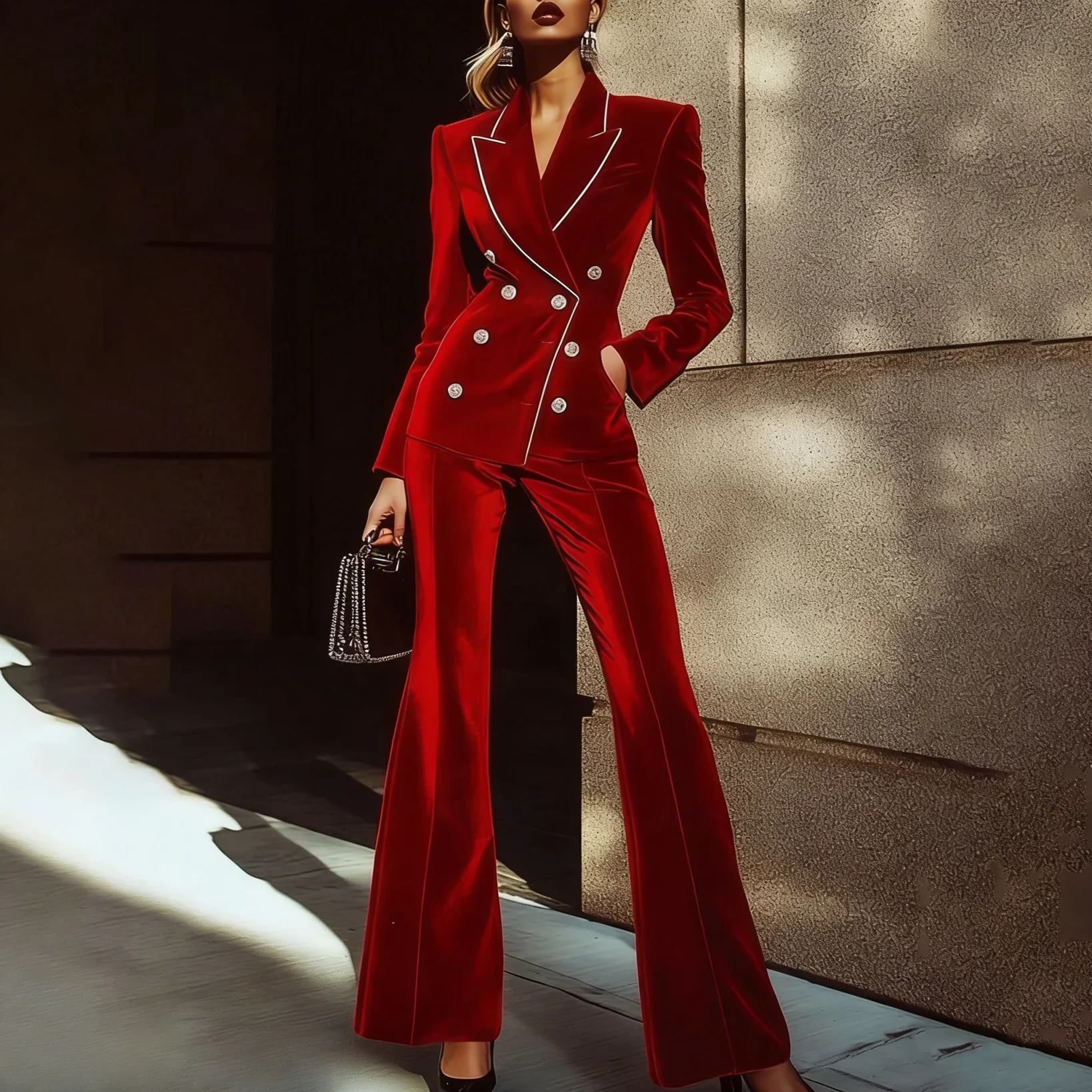 2025 Spring Summer Office Lady Red Velvet Luxury Women Suit Fashion Double Breasted 2 Pieces Blazer Pants Chic Outfits
