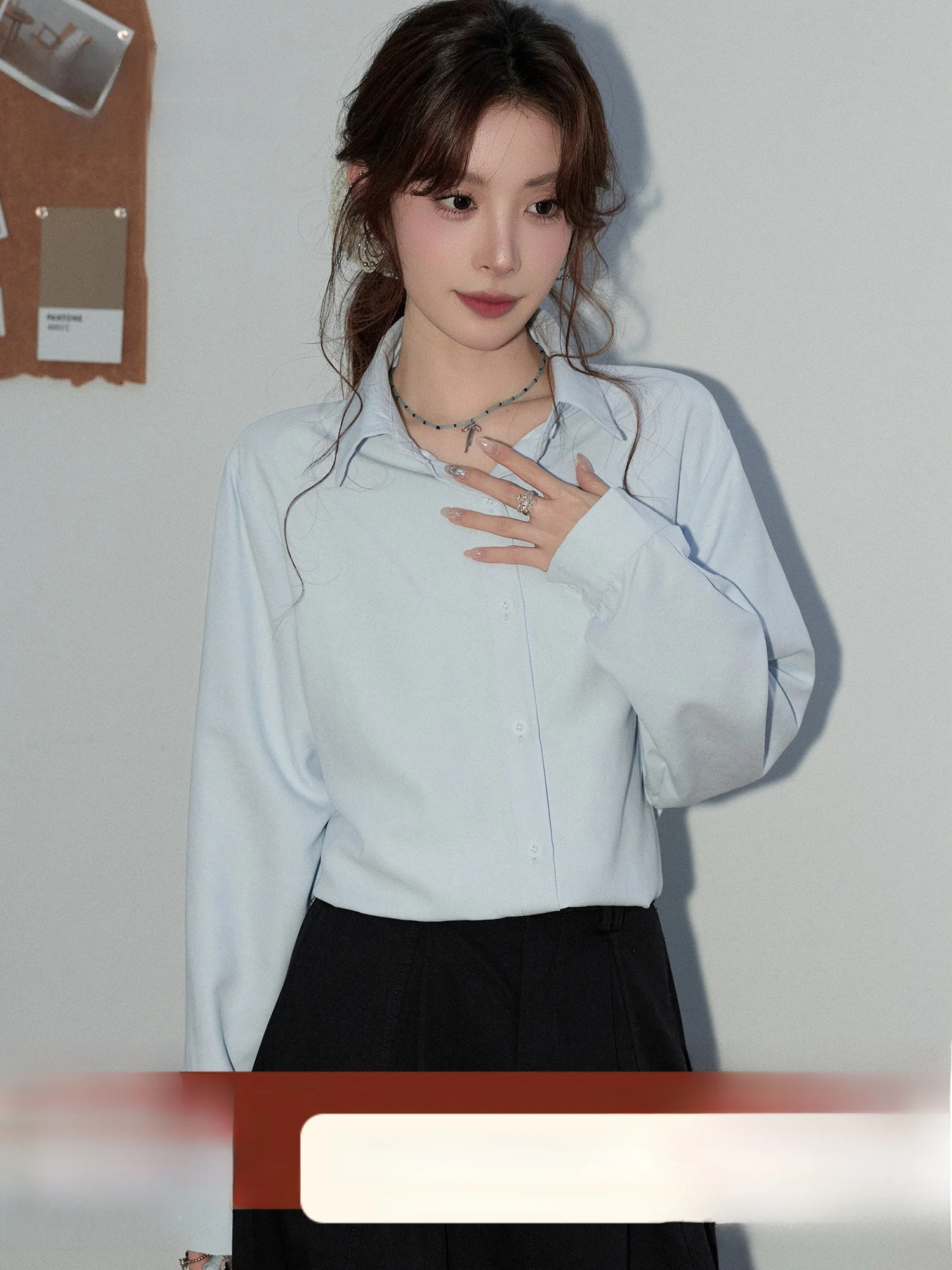 

Blue Long Sve irt Women's Base Layer Top Commute Sle Korean Ele Spring High-End Feeling Layering Versatile Commute