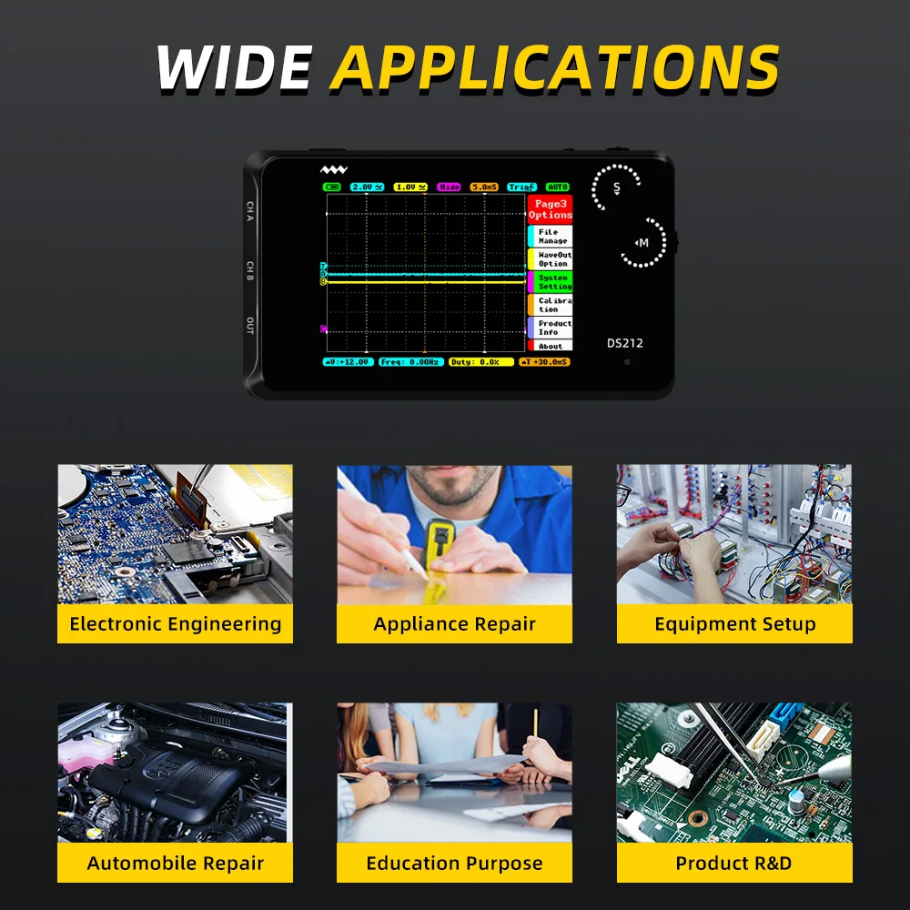 DS212 Portable Digital Oscilloscope 2 Channels 1MHz Bandwidth 10MSa/s Sampling Rate Mini Osciloscopio with Soft Silicone Boot