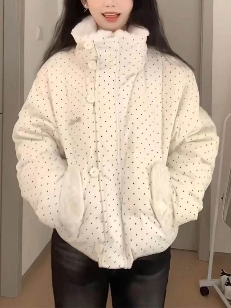Parki damskie z bawełny puchowej w korduroy w kropki, nowe, grube, luźne kurtki z futrzanym kołnierzem na zimę 2025, koreański szyk Harajuku, ciepłe topy