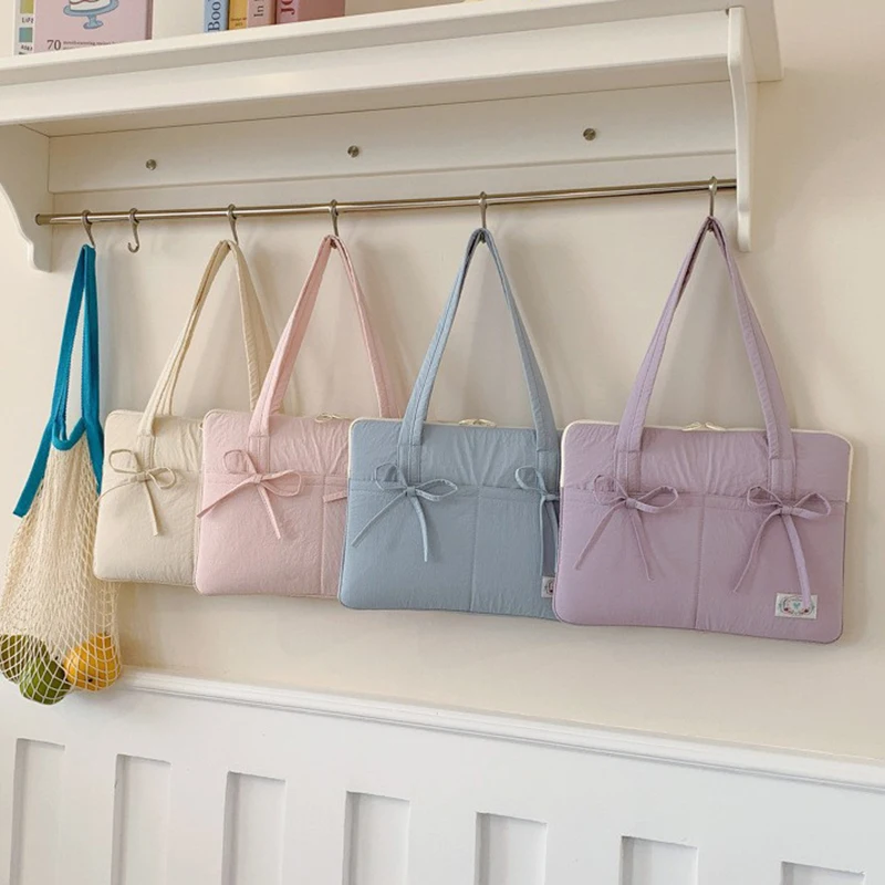 Mulheres coreanas 14in à prova de choque bolsa para portátil cor sólida arco macio zíper macbook caso casual moda simples bolsas quadradas
