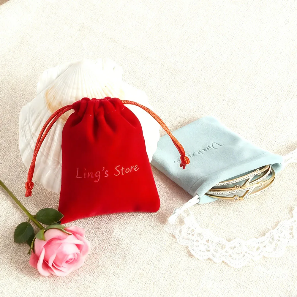 

50 шт., бархатная сумка для ювелирных изделий с тиснением на шнурке, 8x10 см, кольца, серьги, упаковочная сумка, свадебные подарочные пакеты