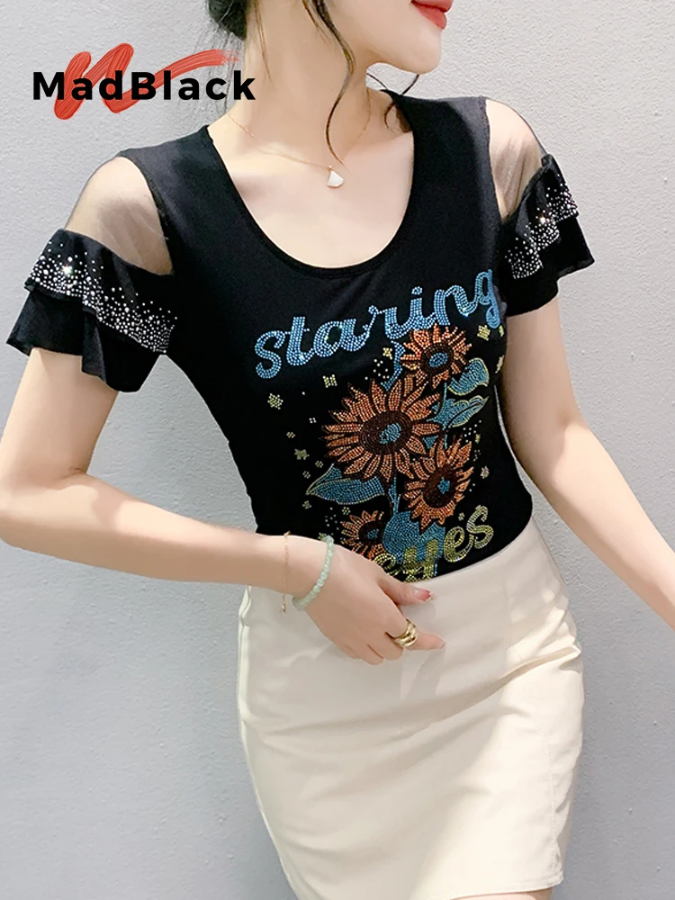 

MadBlack European Clothes Tshirts Women Sexy Ruffle Letter Beaded Slim Mesh Tops Short Sleeve Tee Summer New 2024 T45539JC