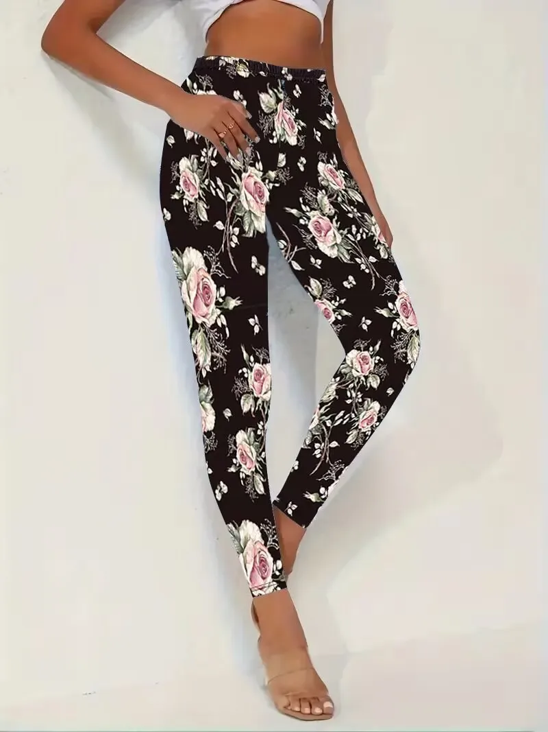 Women's Spring and Autumn Floral Print Casual Leggings - Machine Washable