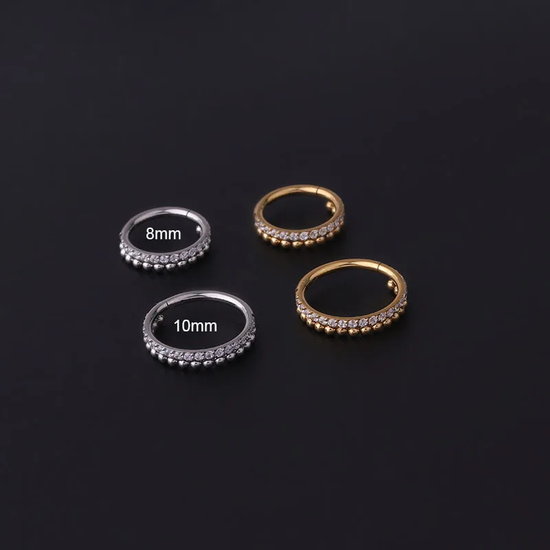 Miqiao 1 Pcs Fashion Pure Stainless Steel Coil Wave Bead Zircon Seamless Closed Mouth Ring Nose Ring Earrings Piercing Jewelry