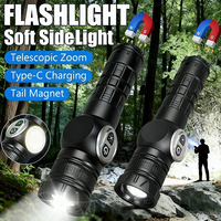 COB LED Flashlight Rechargeable Torch with Magnetic Zoomable Lantern with Side Light for Outdoor Camping Fishing Emergency Lamp