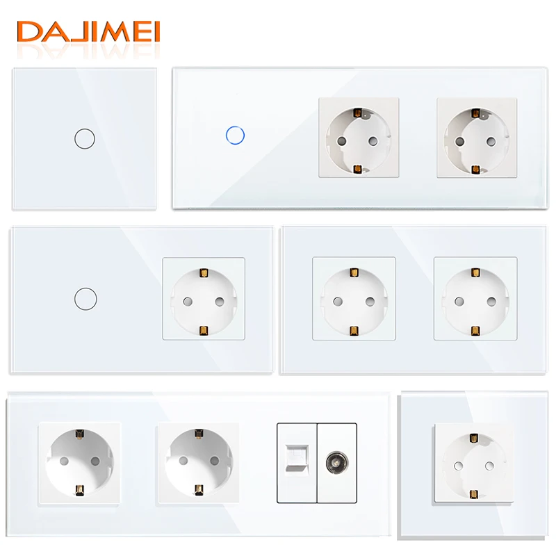 DAJIMEI White CAT6 Rj45 TV Socket Light Touch Switch and Socket Crystal Glass Panel Plug Electrical Outlet for Home Improvemet