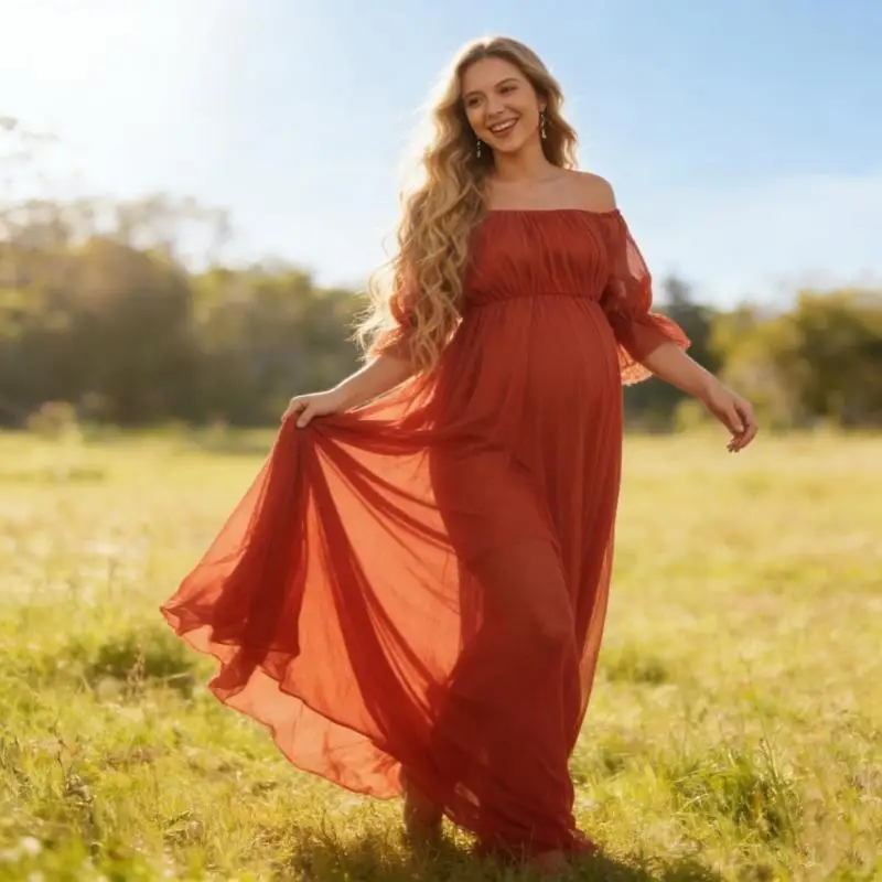 فستان طويل للحوامل بدون أكتاف من نسيج البوليستر الشفاف المسامي لراحة الصيف وسهولة العناية به A2UB