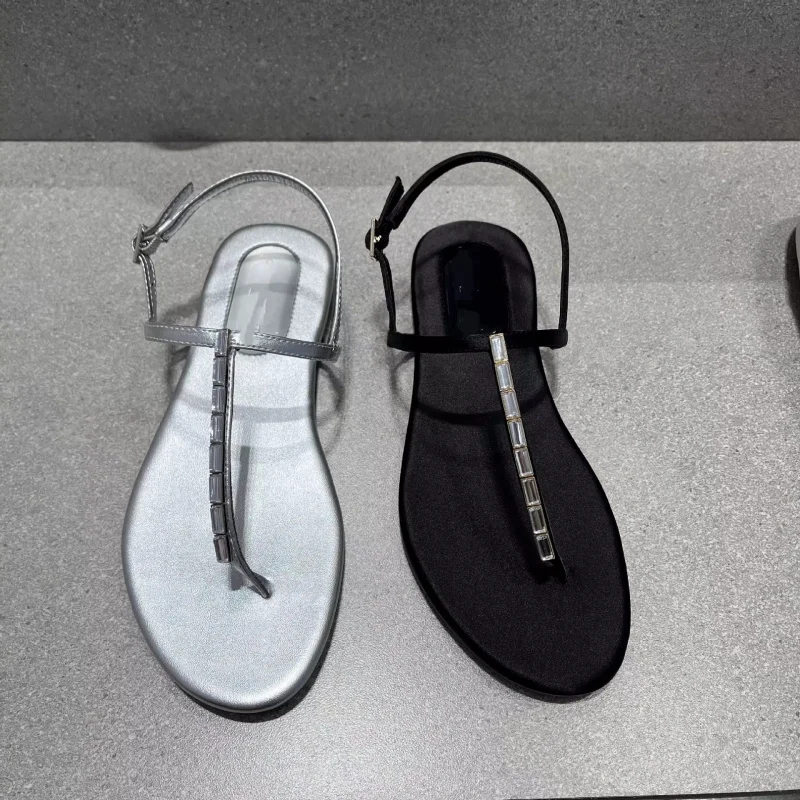 

2025 Summer New Women's Sandals Casual Vacation Fashion Diamond-Decorated One-Strap Clip-Toe Flat Sandals 381108