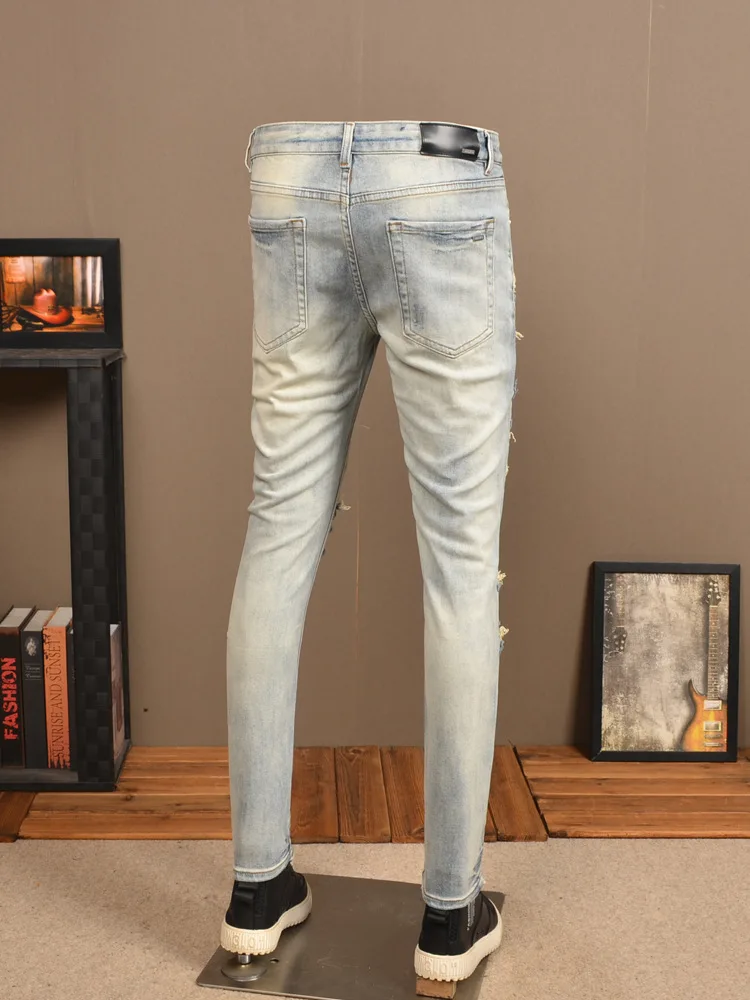 Retro Light Color Hole Jeans Men's Personality Fashion Stretch Slim High Street Scrape Patch Street Tappered Pants