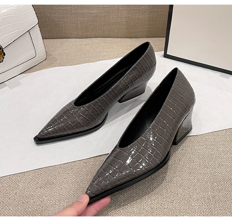 C099 2022 Spring Summer Wedges Shoes Elegant Snakeskin Women Heels All Matched Vintage Ladies Shoes V Cut Patent Leather Shoes