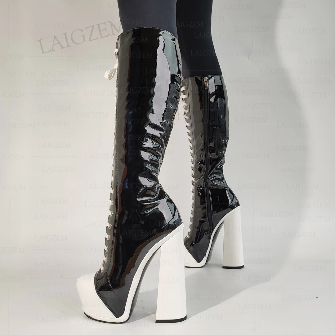 LAIGZEM Women Knee High Boots Platform Shiny Full Zipper Chunky Block High Heel Boots Ladies Shoes Woman Plus Size 41 43 46 47