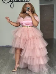 Fashion Long Tulle Skirts Tiered Pink Female Layered Tutu Skirt Elastic Waistband High Low Women Skirt aildress Carnival Outfit