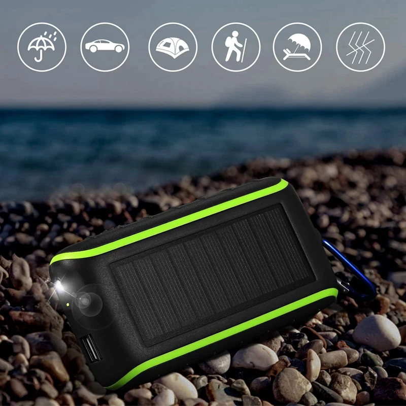 Solar Charger, 8000Mah Portable Hand Crank Phone Charger 2 USB Ports Solar Power Bank With LED Flashlight, Carabiner