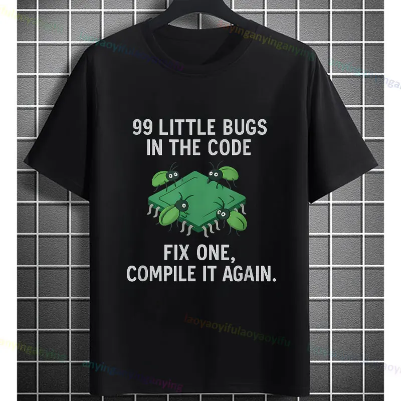 Camiseta divertida "99 pequeños insectos en el código Fix One Comile It Again", camiseta gráfica de Humor de programación, camiseta de manga corta de algodón puro