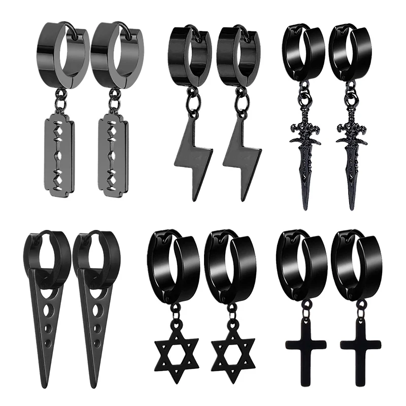 

6 Pairs of Black Earrings Set Stainless Steel Pendant Earring Set Men's Stud Earrings Men and Women Jewelry Ear Piercing Set