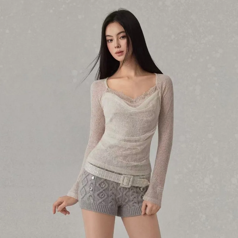 

Women's Lace Trim Long Sleeve Top Draped Neck Sheer Slim Fit Base Layer