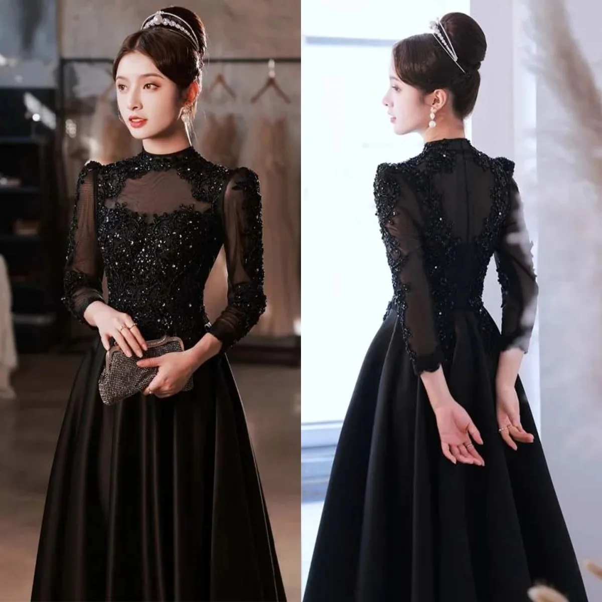 Black Eveing Dresses Beading Appliques High Collar Full Sleeves Zipper Back A-line Floor Length Plus size Lady Party Formal Gown