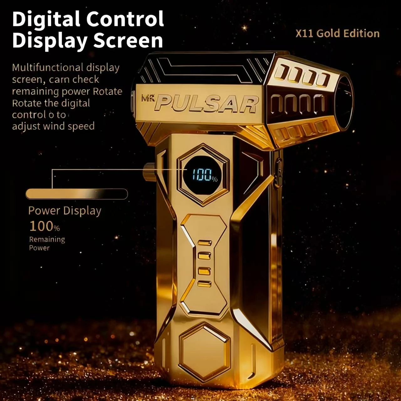 Dmuchawa powietrza 550000 obr./min X11 Gold Edition - kompresor powietrza, odkurzacz, wentylator strumieniowy z wyświetlaczem energii elektrycznej do samochodu