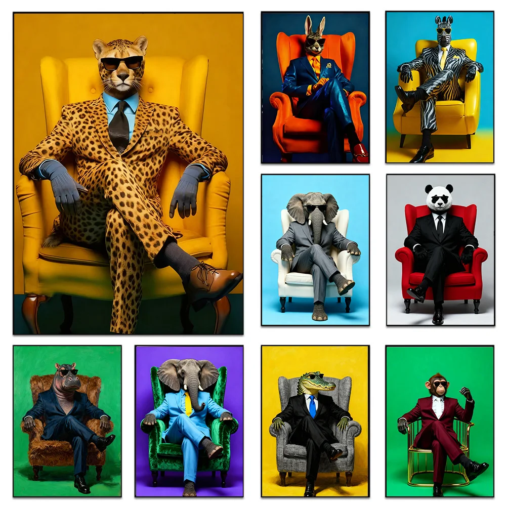 2026 Modern Animals In Suits Wall Art Elegant Lion King Panda Tiger Leopard Boss Poster Print Gorilla Elephant Canvas Painting D