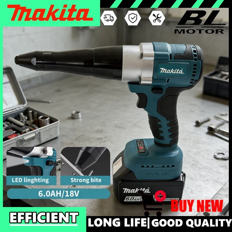 

Бесщеточный электрический заклепочник Makita с LED-подсветкой, беспроводной, многофункциональный, автоматический, для заклепок, совместим с аккумулятором Makita 18В.