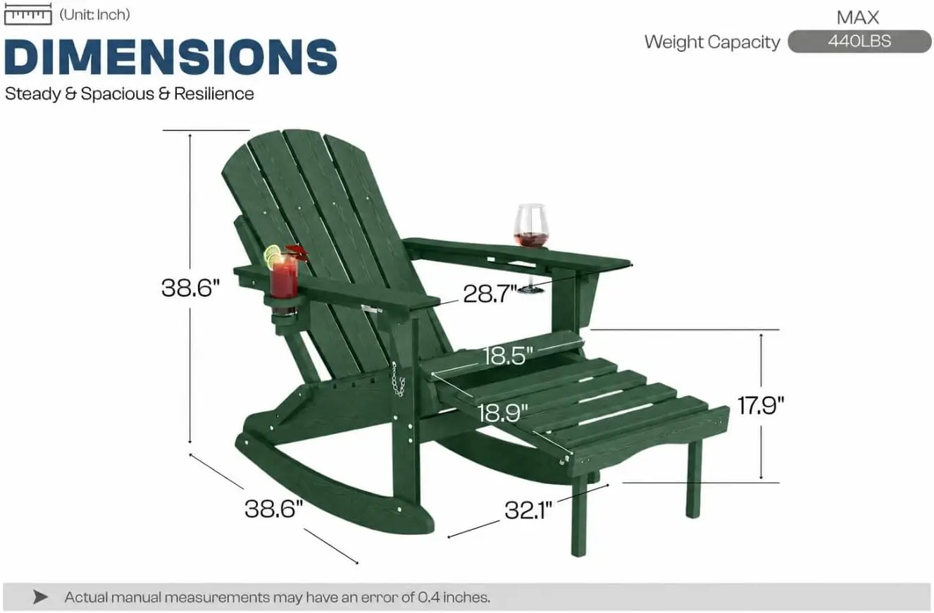 Heavy-Duty Folding Adirondack Porch Rocking Chair, Forest Green All-Weather HDPE Outdoor Rocker with Curved High Back and Armrest, Comfortable Lounge Chair for Backyard, Patio, Deck, Garden