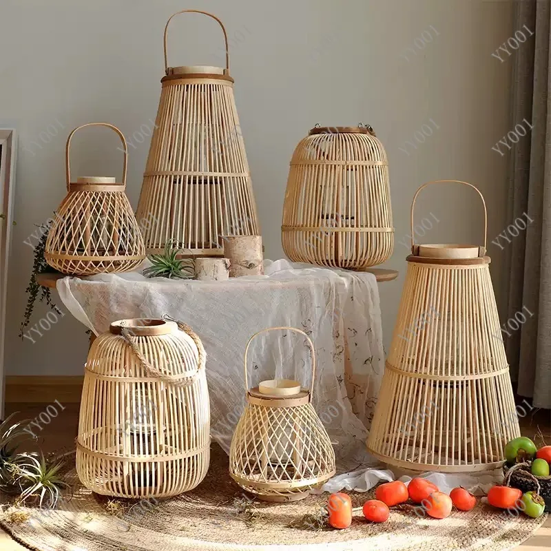 

Japanese Nordic Rattan Lantern Floor Standing Storm Lamp for Homestay Hotel Courtyard Home Decor
