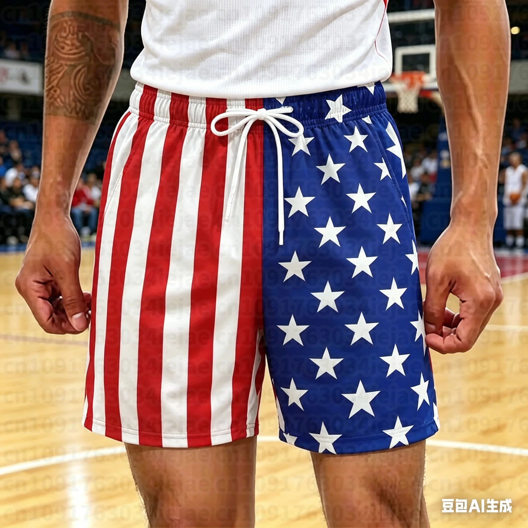 Rot-weiß-blaue, gestreifte Shorts mit Sternen, patriotische Freizeitshorts, Kinder-Shorts im amerikanischen Streetstyle, Oversized-Sommer-Shorts, lässige Alltagskleidung. – Detail 6