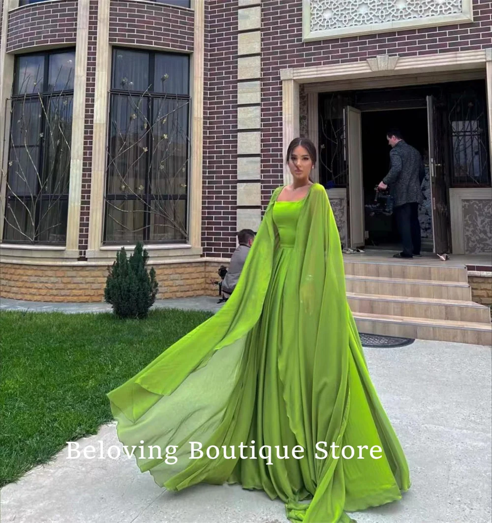 

Uniques Design Green Chiffon Evening Dresses Robes De Soree Cocktail Long Cape Sleeves Party Gowns For Wedding Beach Prom Dress