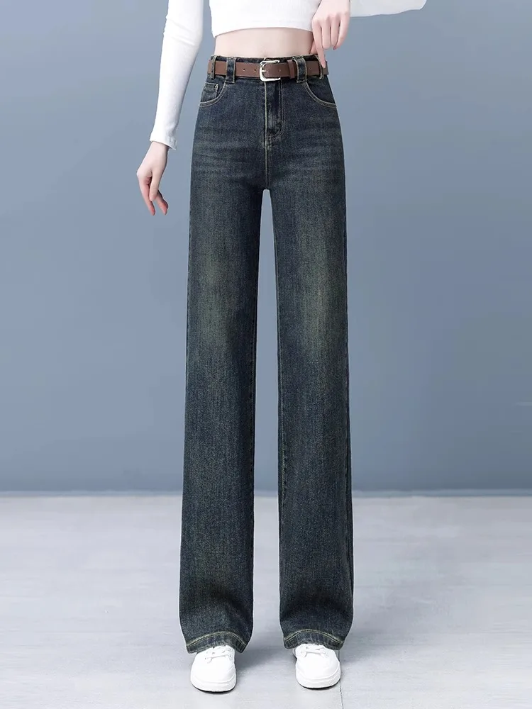 

Trendy Cement ey Slim Wide Leg Jeans Women's High Waist Casual Straight Cut Trousers for Spring Autumn Seasons