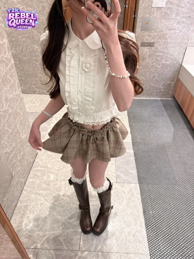 

Japanese Sweet 2 Piece Set Women Slim Floral Peter Pan Collar Lace Ruffle Top + Plaid Bubble Mini Skirt Summer Casual Clothes